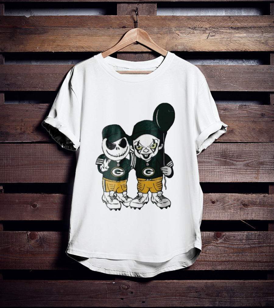 Green Bay Packers Jack Skellington Clown Balloon Cartoon Caricature Duo T-Shirt