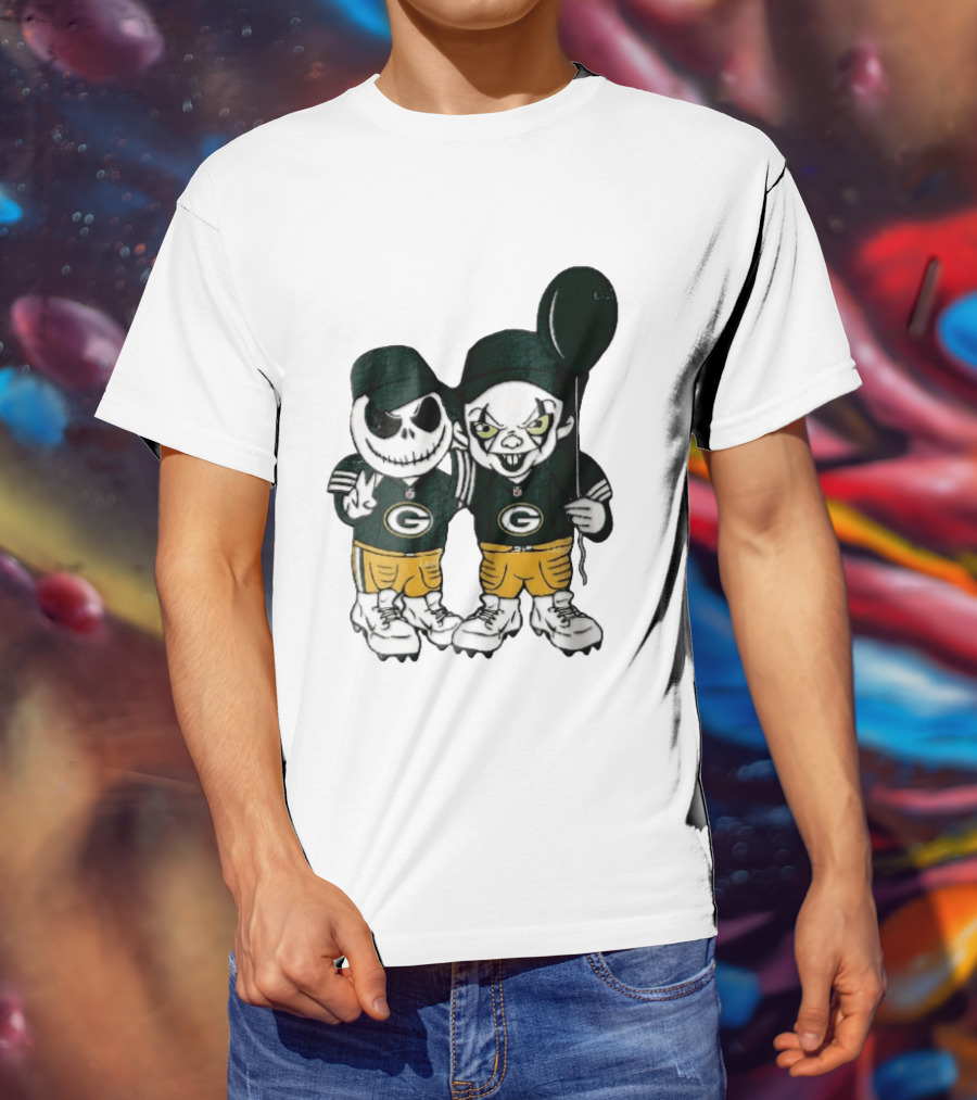Green Bay Packers Jack Skellington Clown Balloon Cartoon Caricature Duo T-Shirt