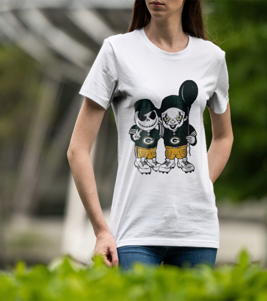 Green Bay Packers Jack Skellington Clown Balloon Cartoon Caricature Duo T-Shirt