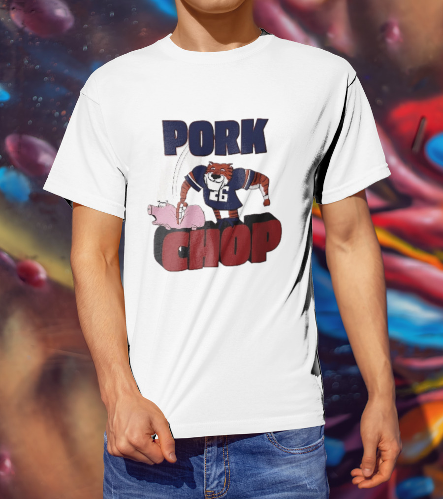 Pork Chop Cartoon Tiger 26 Football Player Hitting Pig T-Shirt
