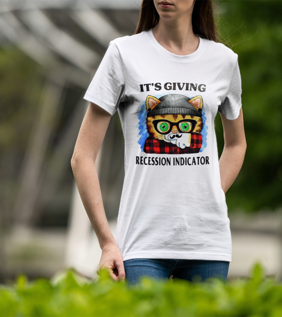 Hipster Cat Glasses Beanie Flannel It's Giving Recession Indicator T-Shirt