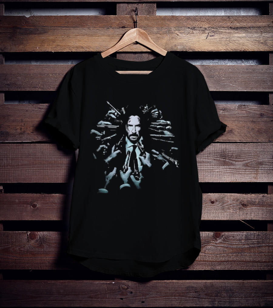 John Wick Surrounded By Guns Pointed At His Head Iconic Movie Scene T-Shirt