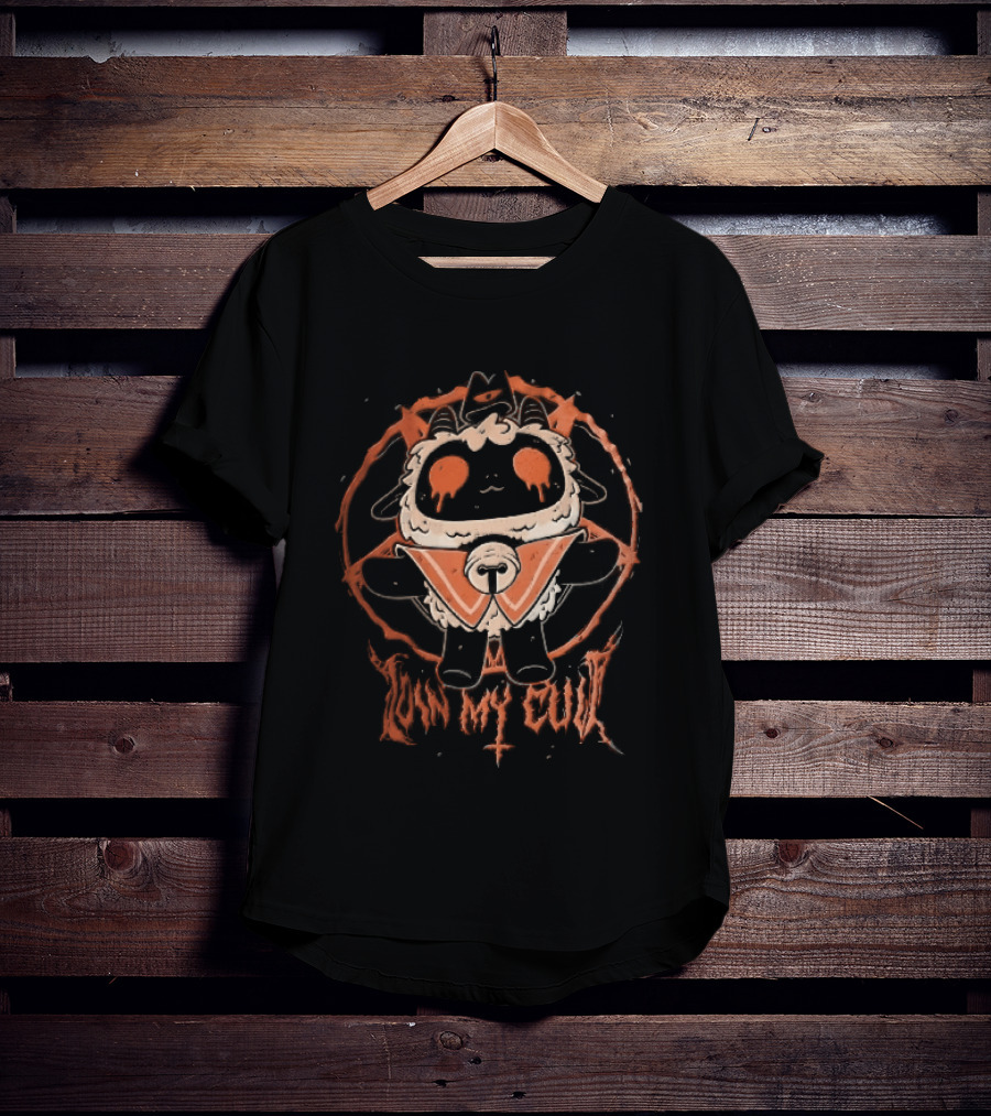 Join My Cult Cartoon Lamb Pentagram Bleeding Eyes Cross T-Shirt