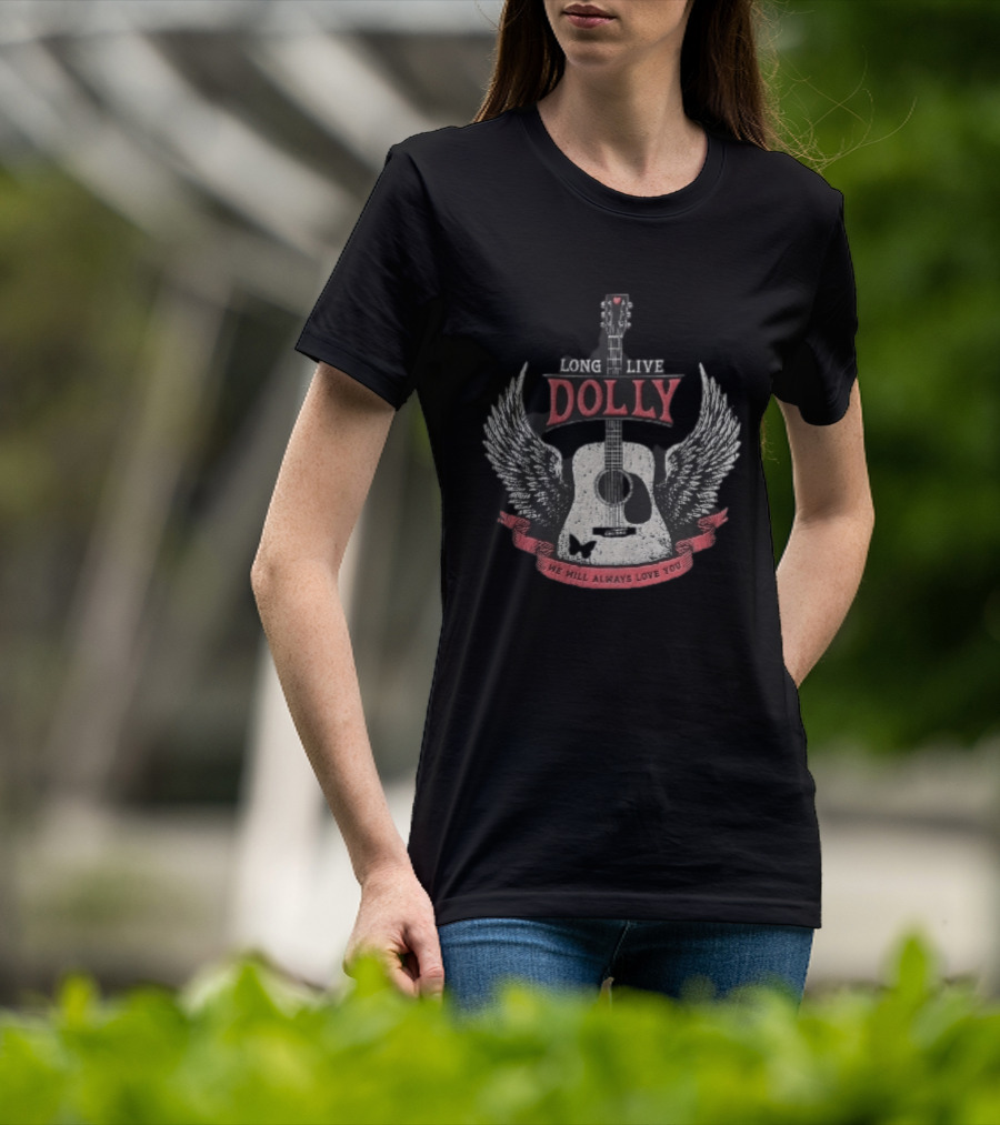 Long Live Dolly Distressed Winged Acoustic Guitar Butterfly Red Banner We Will Always Love You T-Shirt