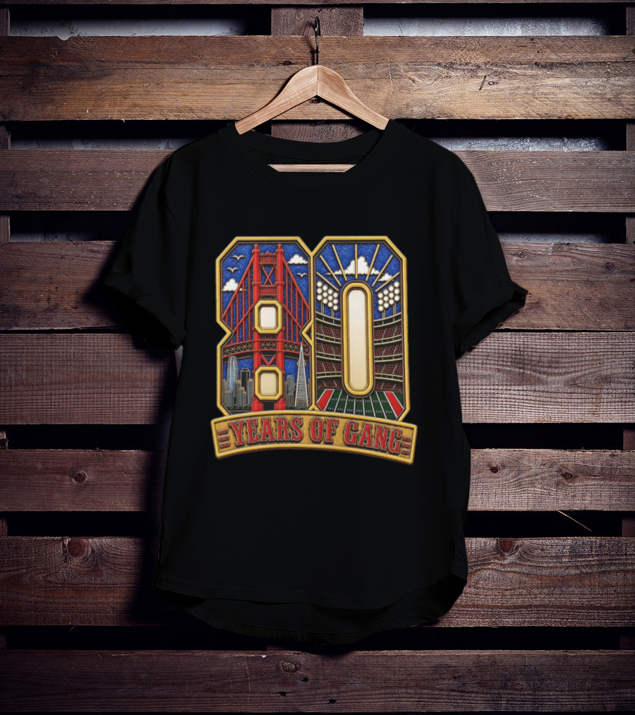 San Francisco 49ers 80 Years Of Gang Bridge And Stadium Celebration T-Shirt