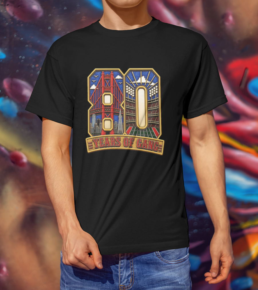 San Francisco 49ers 80 Years Of Gang Bridge And Stadium Celebration T-Shirt