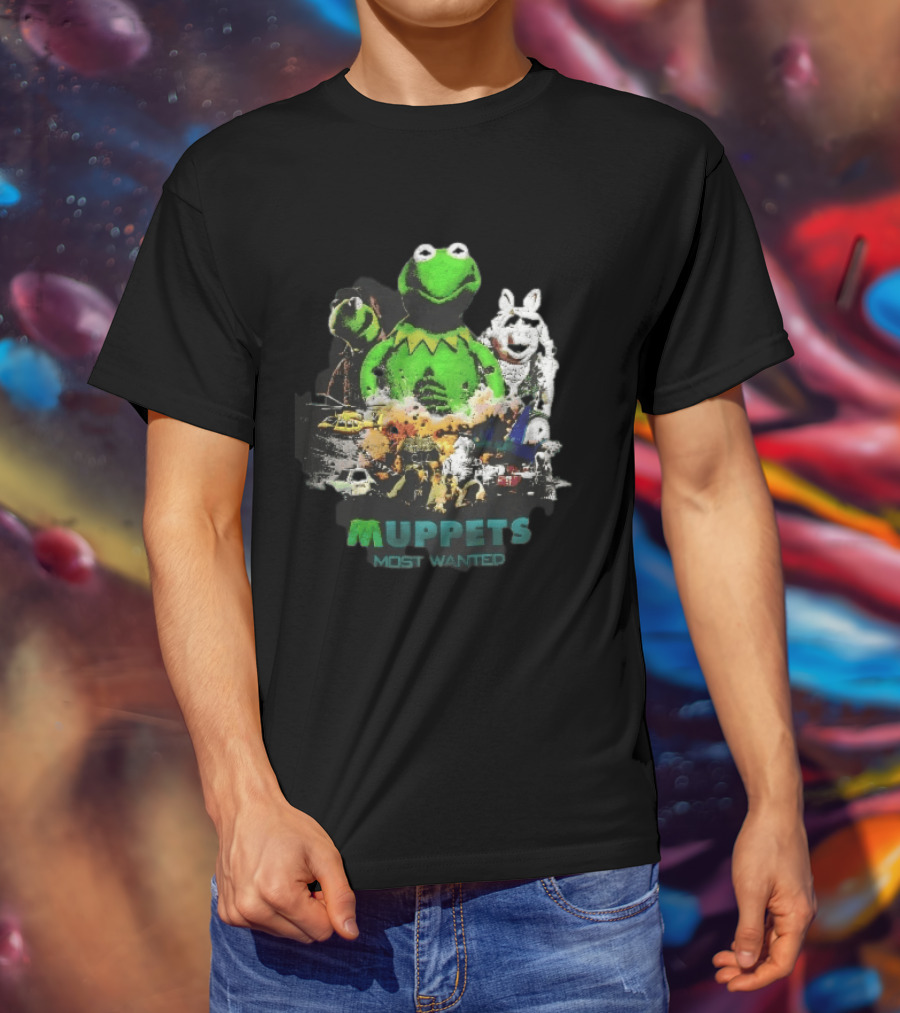 Muppets Most Wanted Kermit Frog Miss Piggy Explosion Helicopter Collage T-Shirt