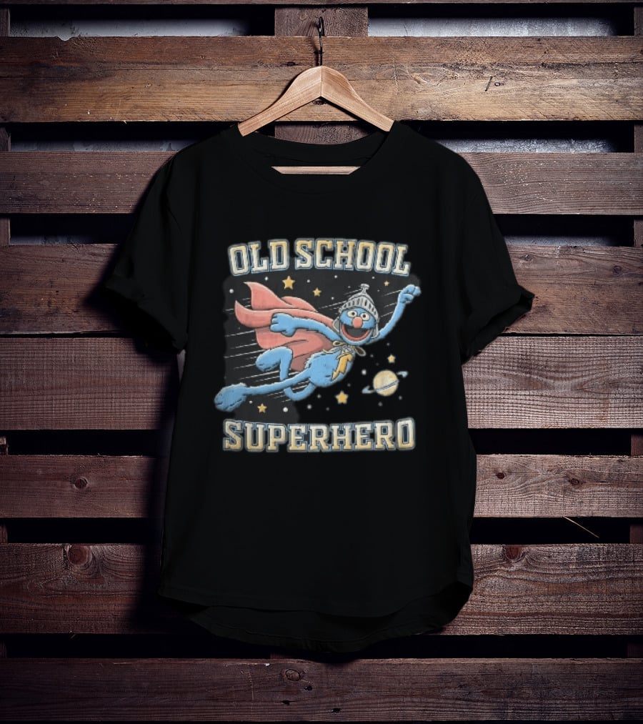 Old School Superhero Distressed Cartoon Super Grover Flying Outer Space Stars Planet T-Shirt