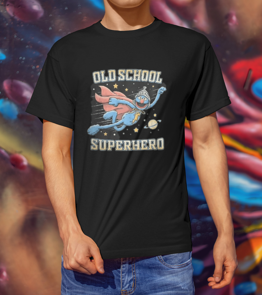 Old School Superhero Distressed Cartoon Super Grover Flying Outer Space Stars Planet T-Shirt