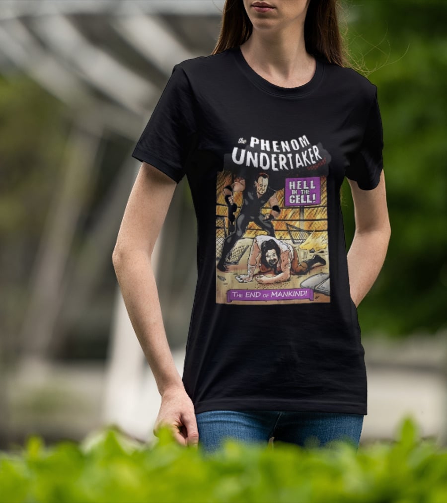 The Phenom Undertaker Hell In The Cell End Of Mankind Cartoon Wrestler Standing Over Opponent T-Shirt