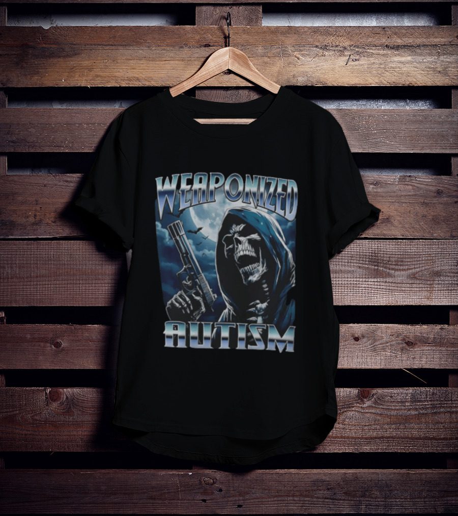 Weaponized Autism Skeleton With Gun Under Moonlight T-Shirt