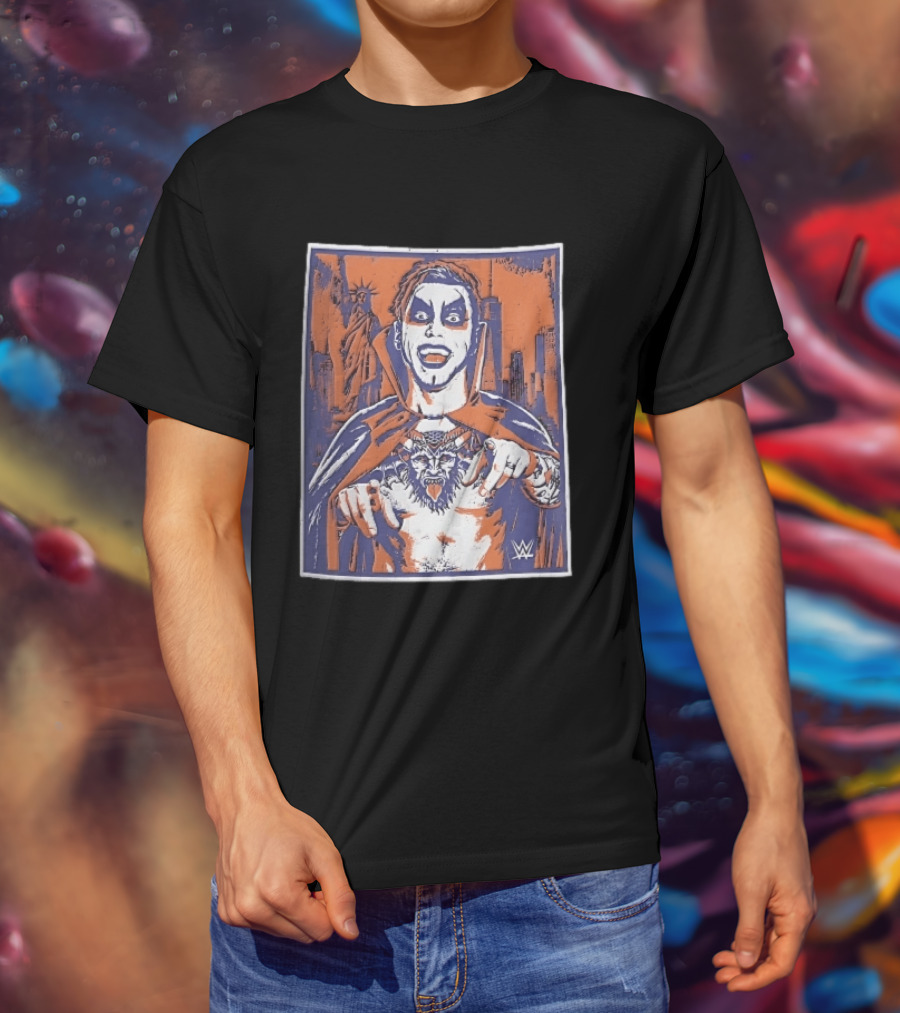 WWE Facepaint Wrestler At Liberty Statue Skyline With Demon Tattoo T-Shirt