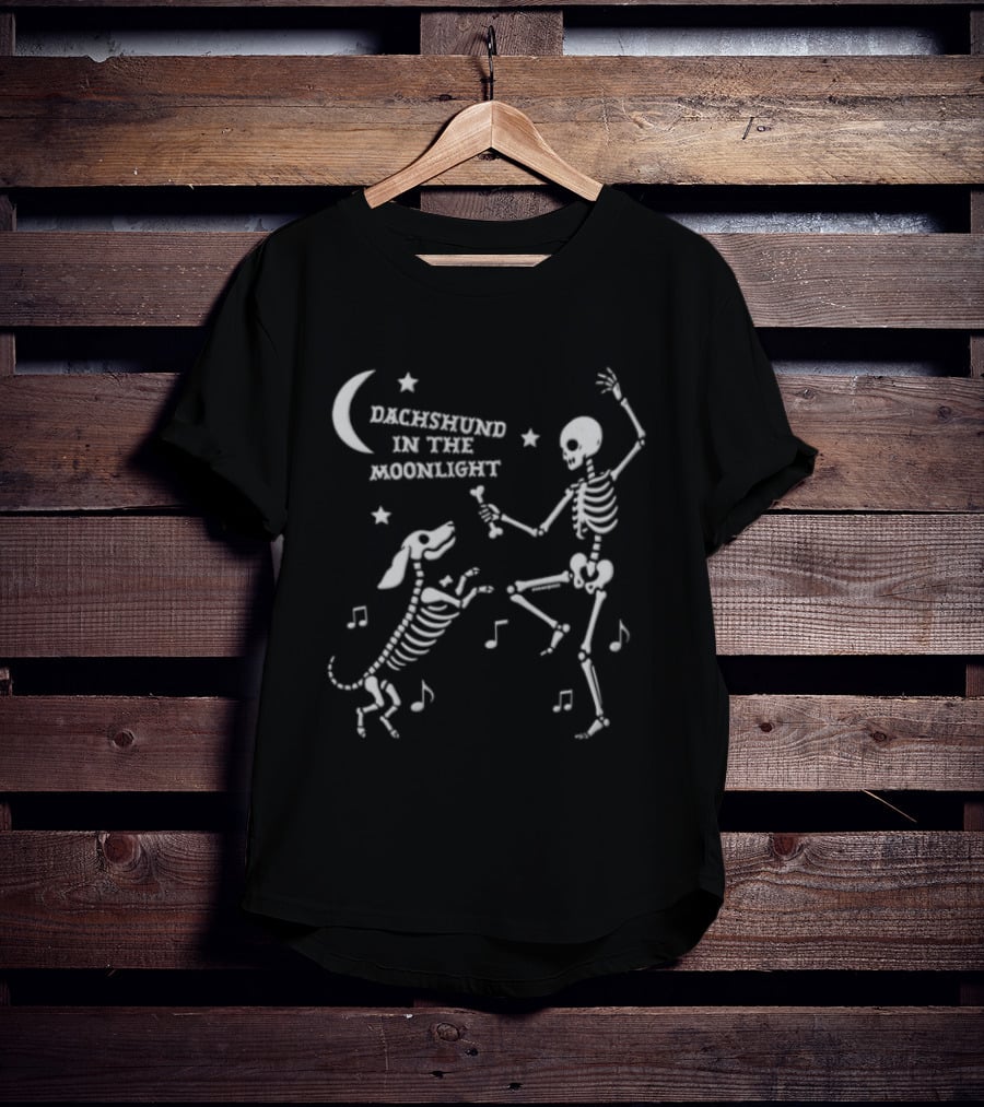 Dachshund In The Moonlight Skeleton Dancing With Dog Music Notes T-Shirt