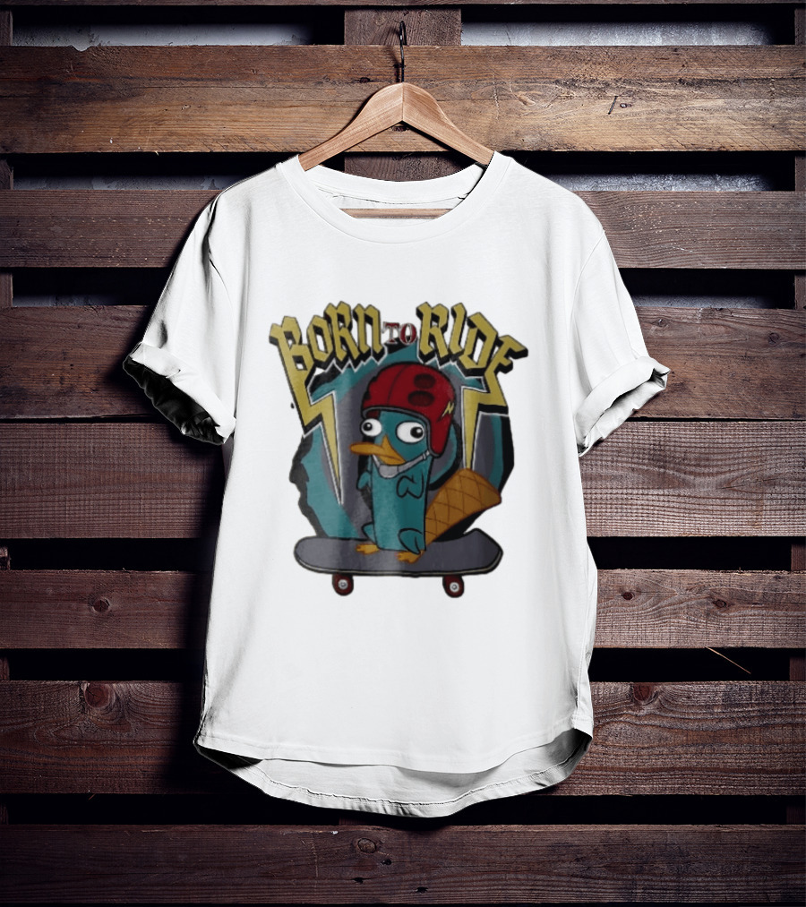 Born To Ride Cartoon Platypus Red Helmet Skateboard T-Shirt