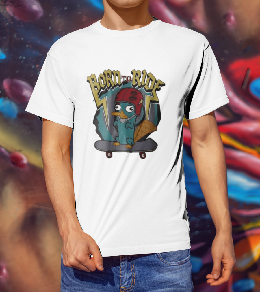 Born To Ride Cartoon Platypus Red Helmet Skateboard T-Shirt