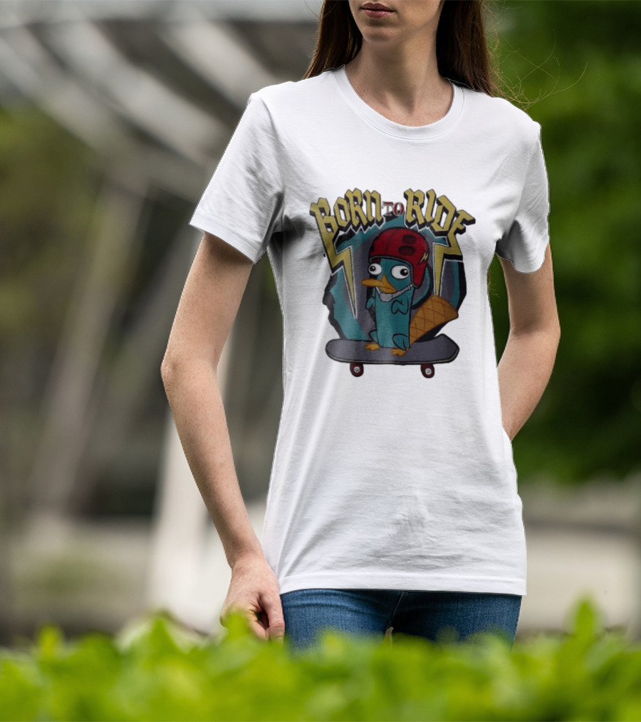 Born To Ride Cartoon Platypus Red Helmet Skateboard T-Shirt