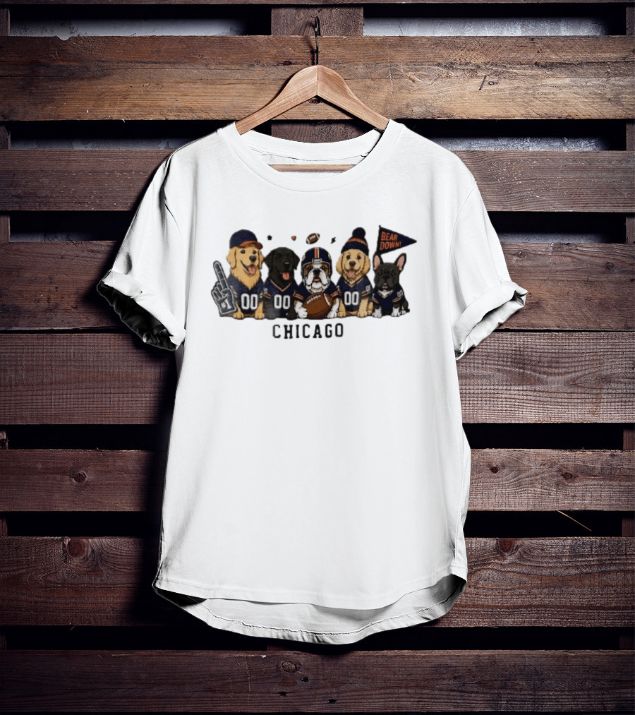 Chicago Bears Bear Down Five Cartoon Dogs In Football Jerseys With Flag And Foam Finger T-Shirt