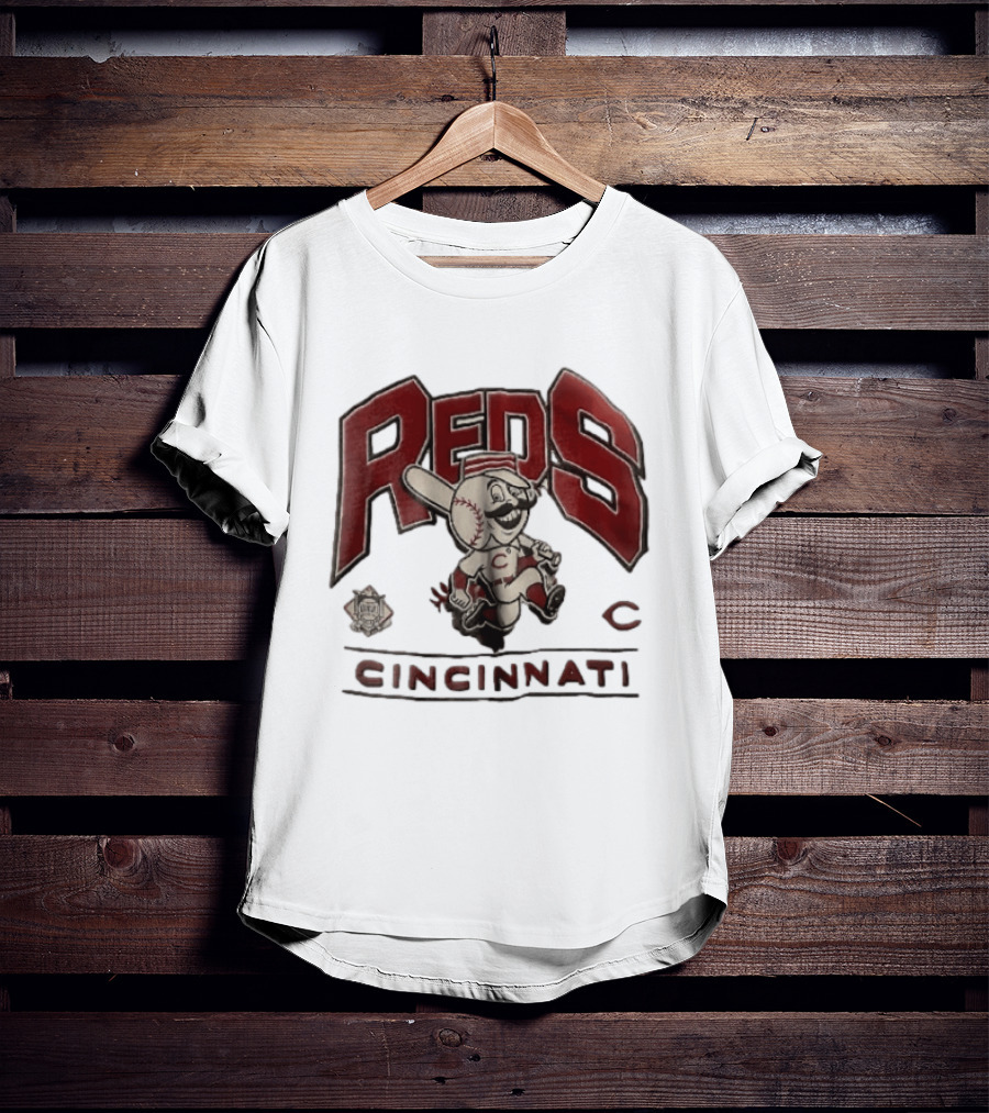 Cincinnati Reds Cartoon Running Bat Mascot Vintage MLB Fan Gear T-Shirt