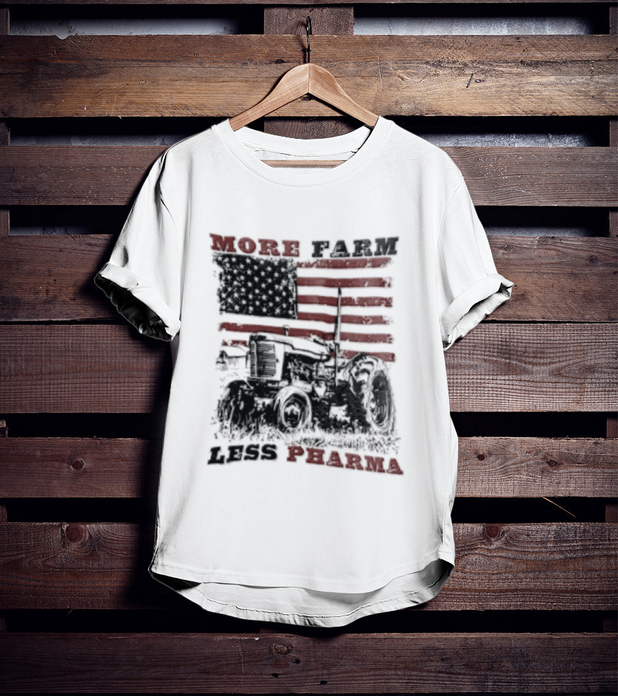 More Farm Less Pharma Distressed American Flag Tractor T-Shirt