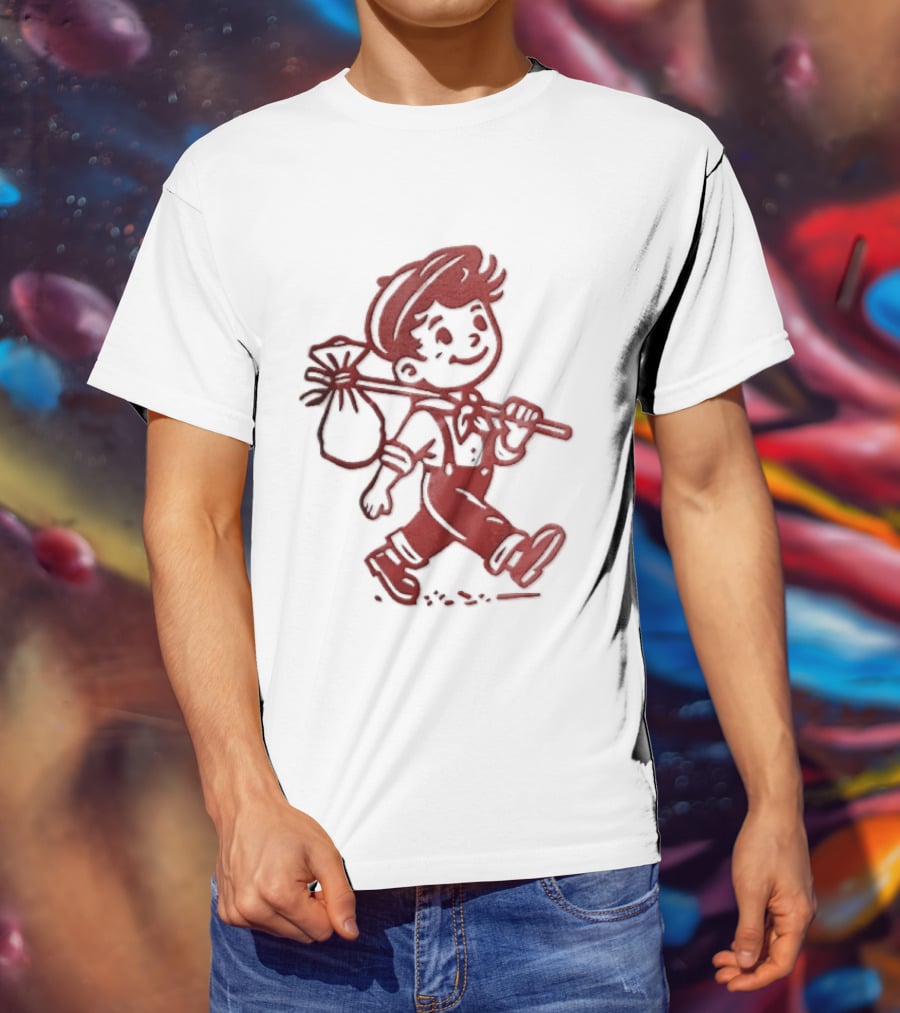 Red Line Cartoon Boy With Bindle Knapsack Stick Drawing T-Shirt