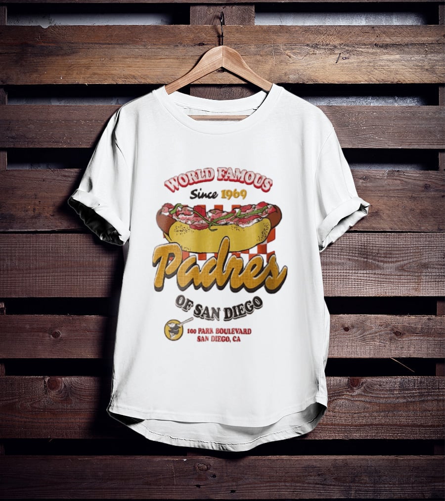 World Famous Padres Of San Diego Since 1969 Halftone Hot Dog 100 Park Boulevard CA T-Shirt