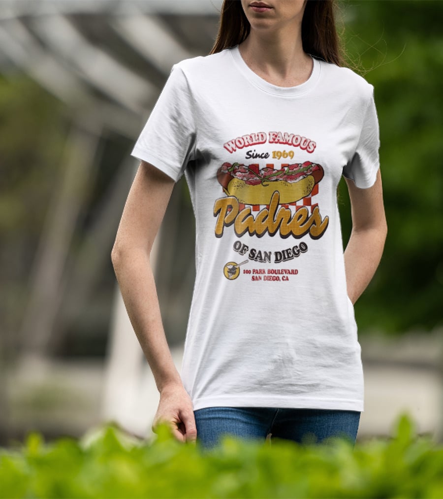 World Famous Padres Of San Diego Since 1969 Halftone Hot Dog 100 Park Boulevard CA T-Shirt