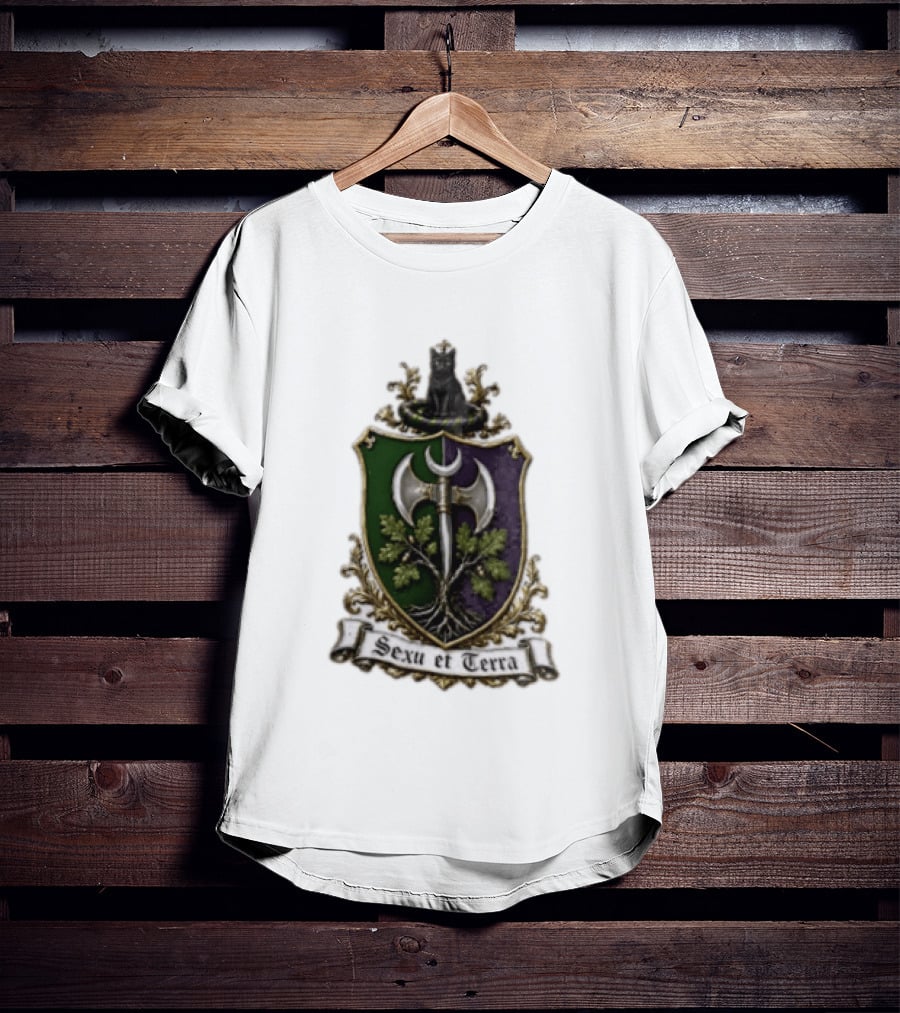 Sexu Et Terra Green Purple Shield Black Cat Axe And Tree Crest T-Shirt