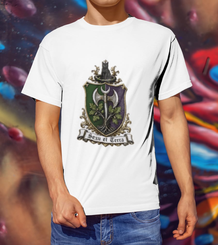 Sexu Et Terra Green Purple Shield Black Cat Axe And Tree Crest T-Shirt