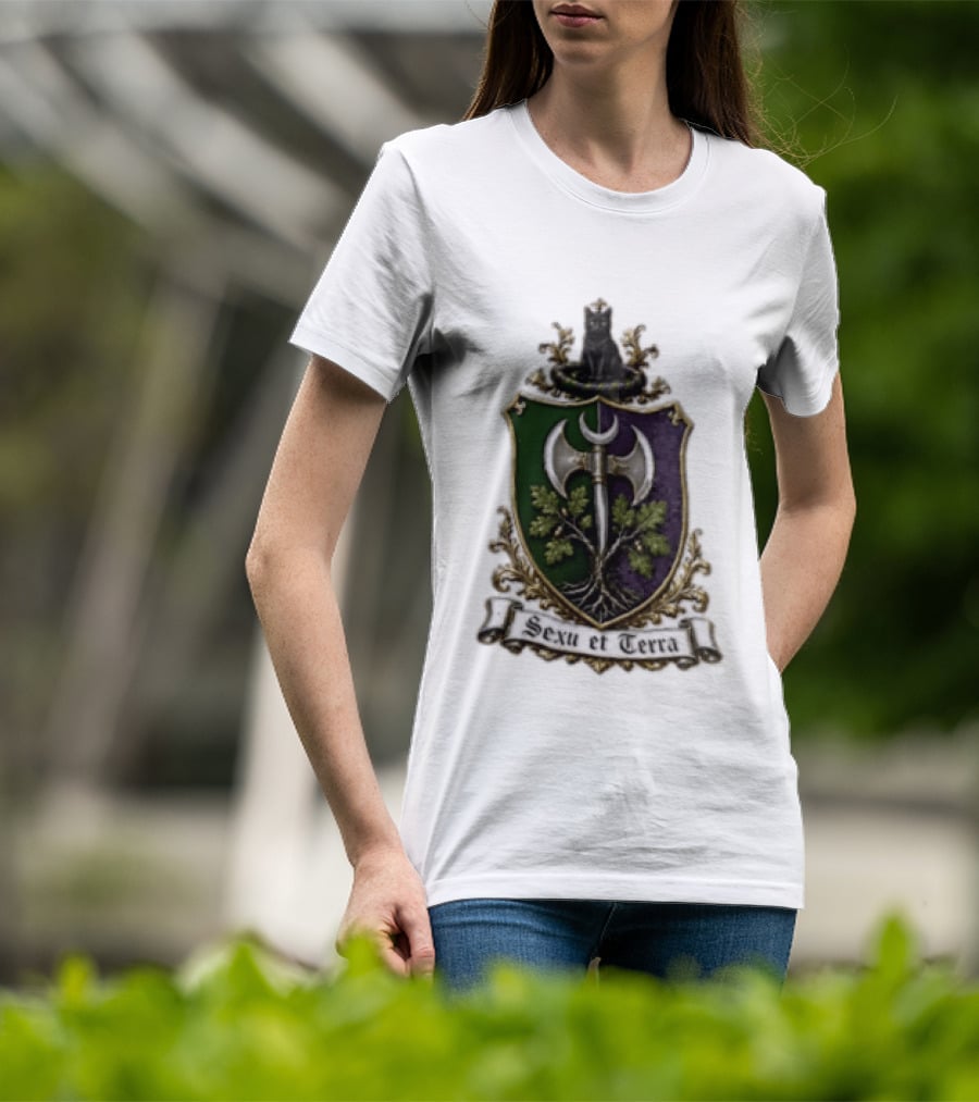 Sexu Et Terra Green Purple Shield Black Cat Axe And Tree Crest T-Shirt