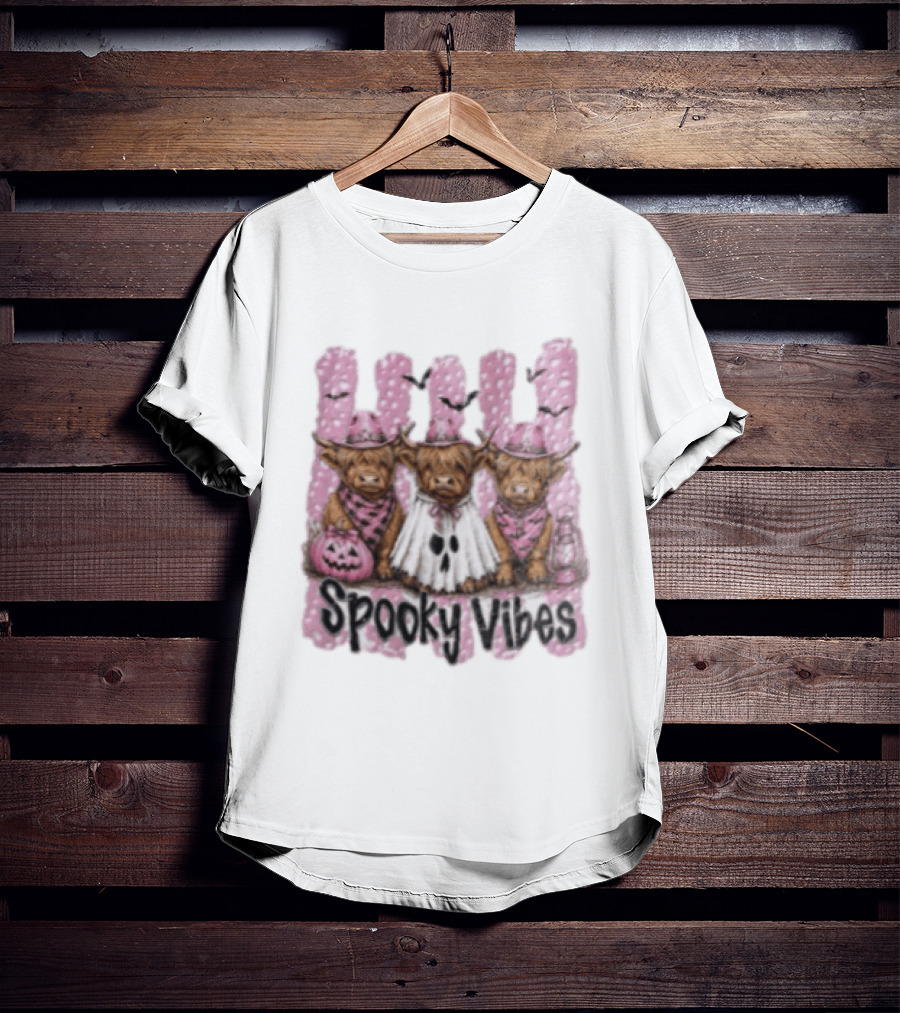 Highland Cow Ghost Pumpkin Bat Spooky Vibes Halloween T-Shirt