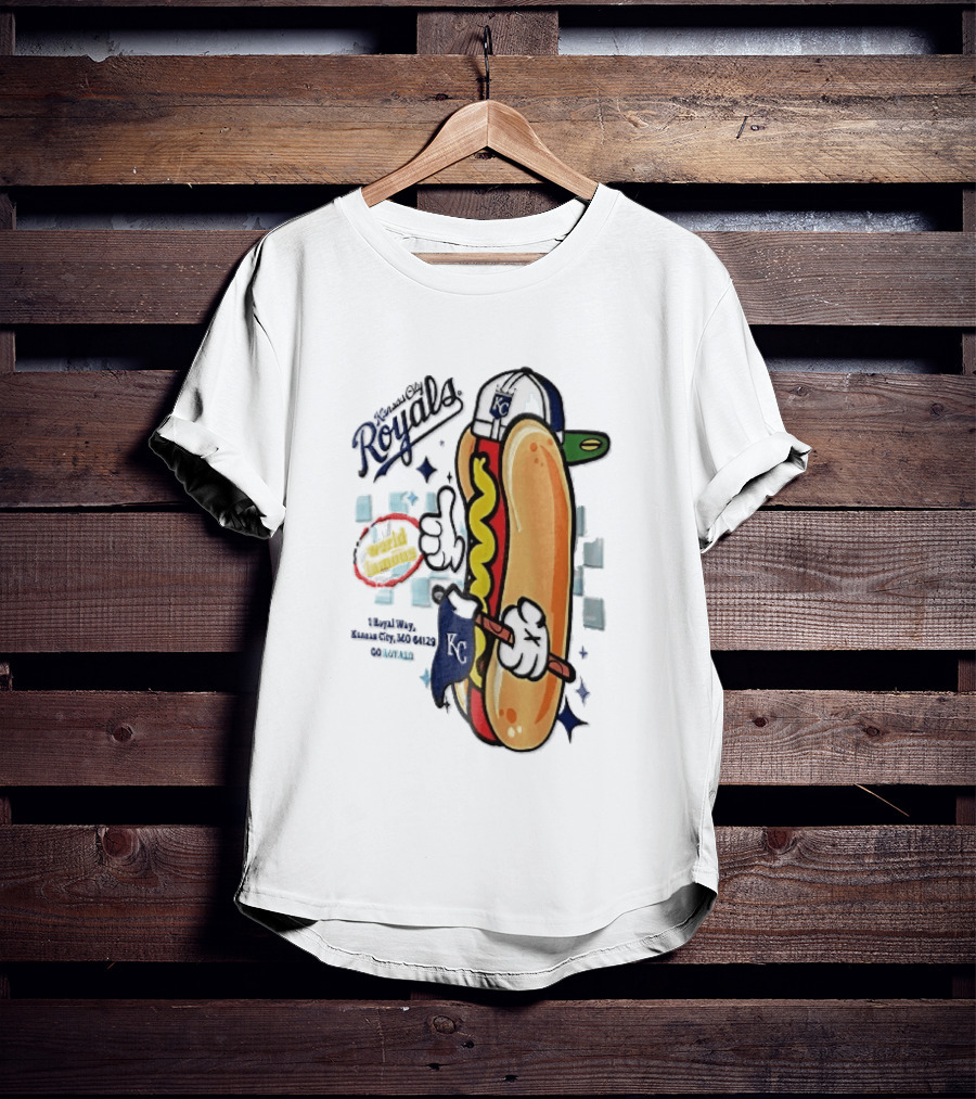 Kansas City Royals World Famous 1 Royal Way Mo 64129 Cartoon Hot Dog KC Cap T-Shirt