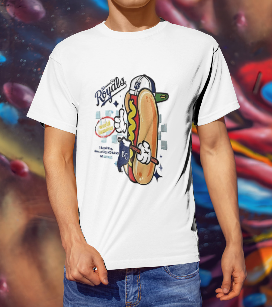 Kansas City Royals World Famous 1 Royal Way Mo 64129 Cartoon Hot Dog KC Cap T-Shirt