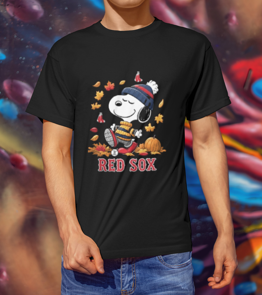 Boston Red Sox Snoopy Walking With Autumn Leaves And Pumpkin T-Shirt