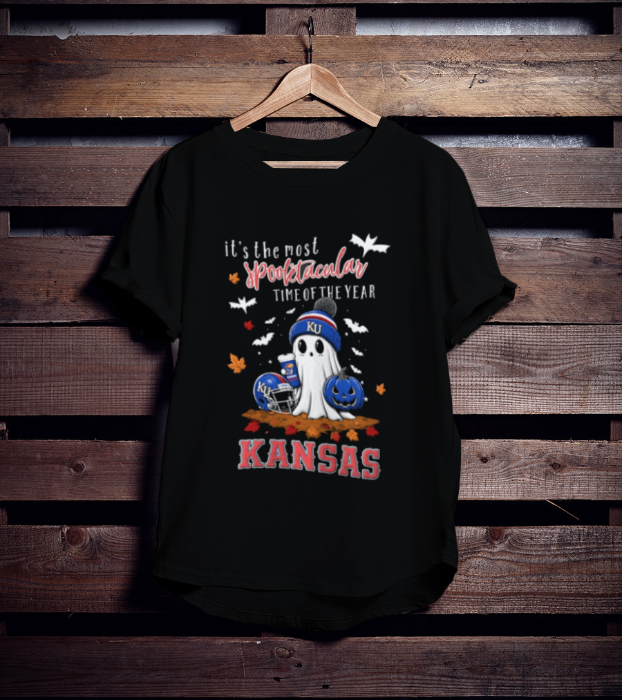 Kansas Jayhawks It's The Most Spooktacular Time Of Year Ghost Beanie Pumpkin T-Shirt