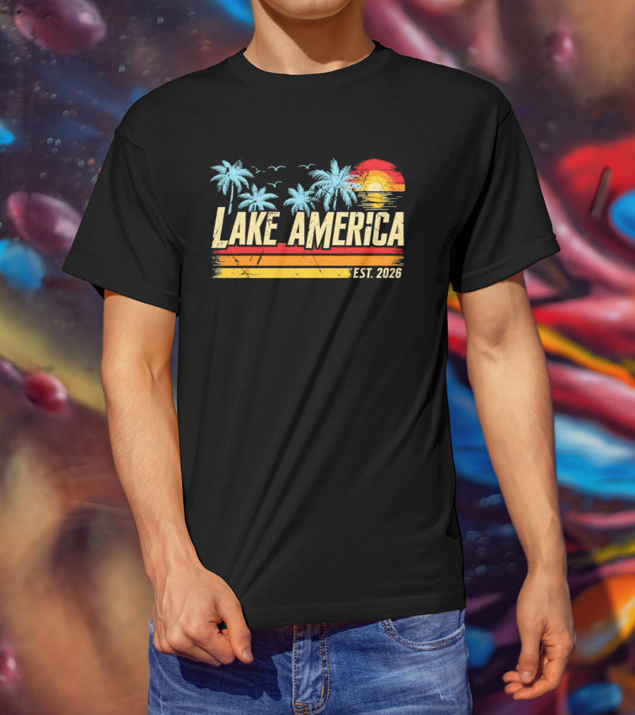Lake America Est 2026 Tropical Vacation Sunset Palm Trees And Seagulls T-Shirt