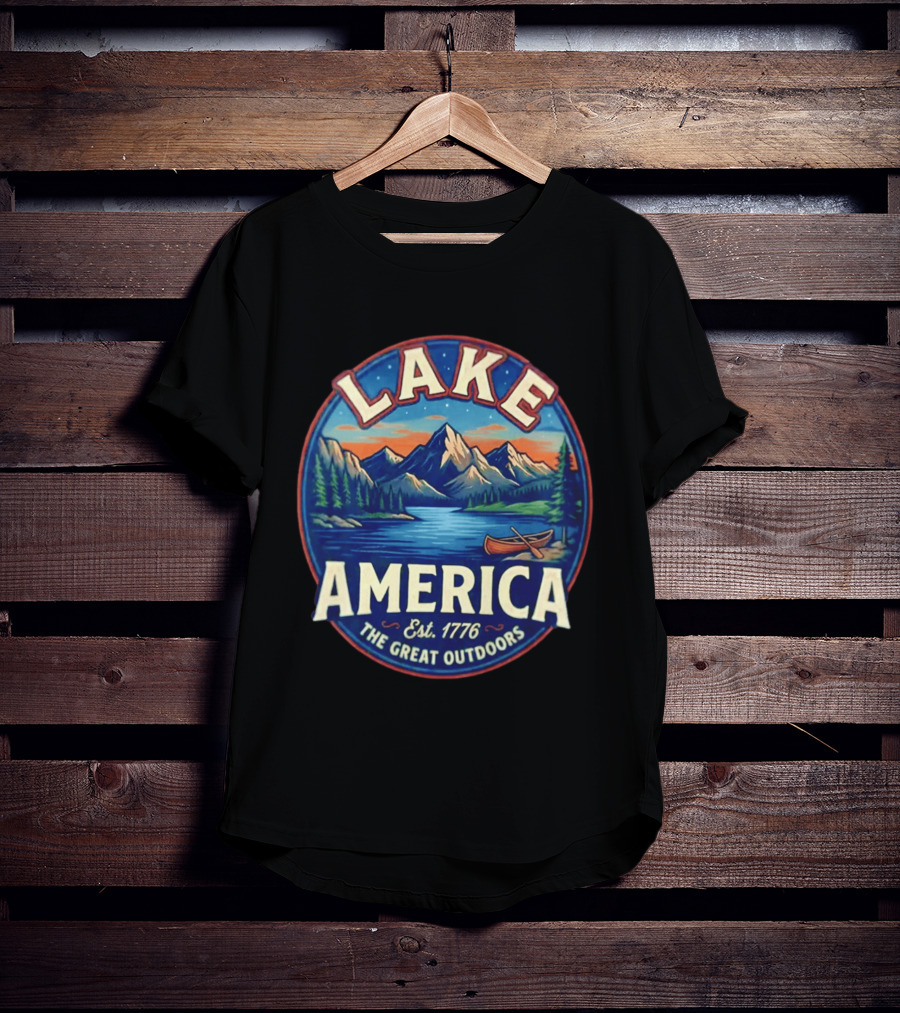 Lake America The Great Outdoors Est. 1776 Mountain Scene Canoe T-Shirt