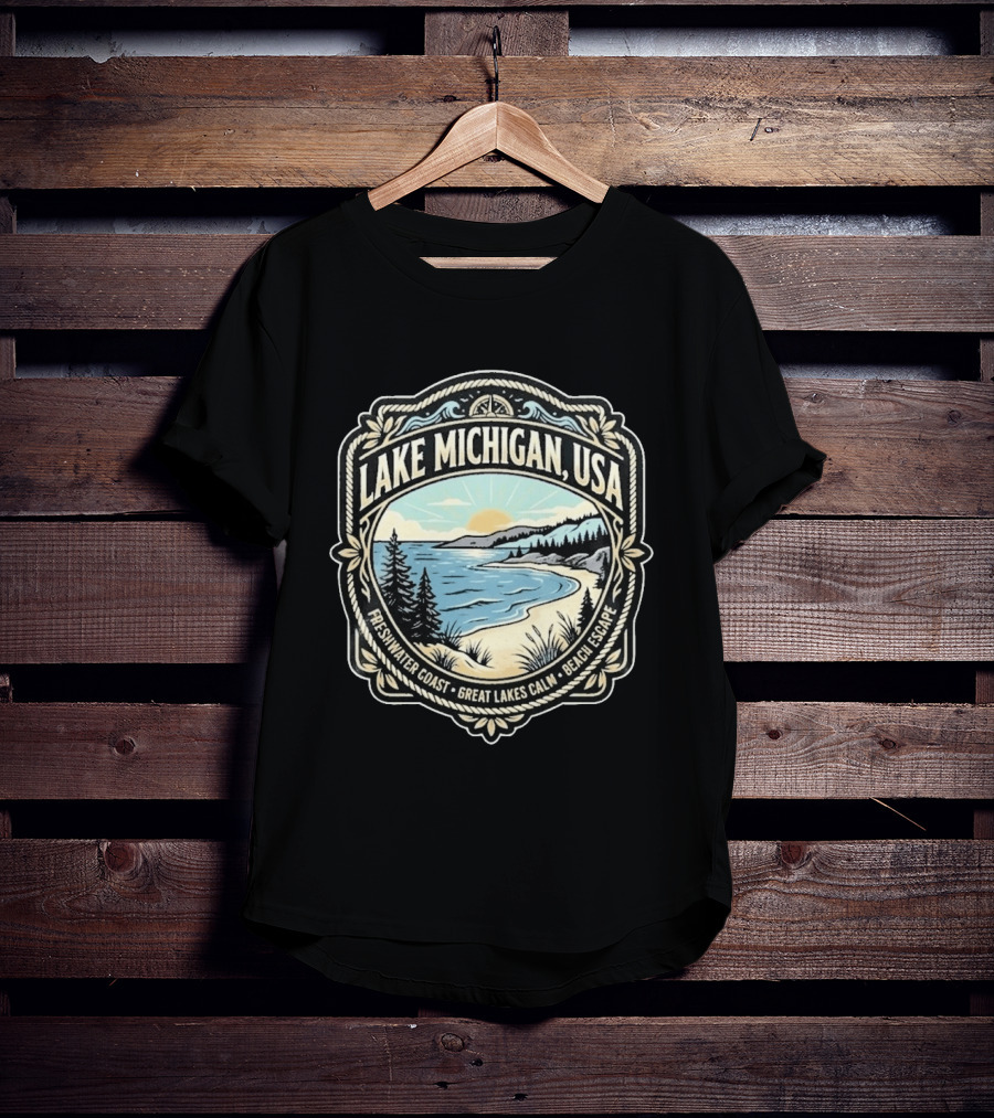 Lake Michigan USA Freshwater Coast Great Lakes Calm Beach Escape T-Shirt