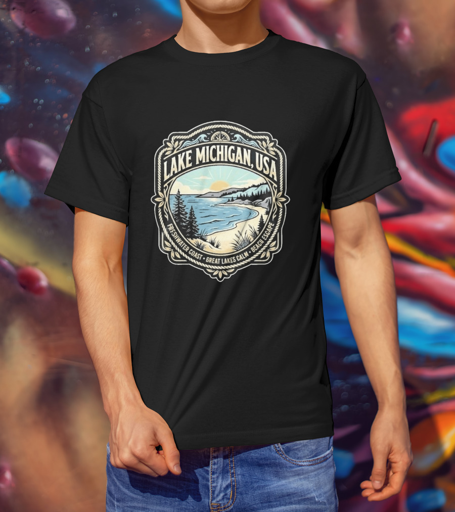 Lake Michigan USA Freshwater Coast Great Lakes Calm Beach Escape T-Shirt