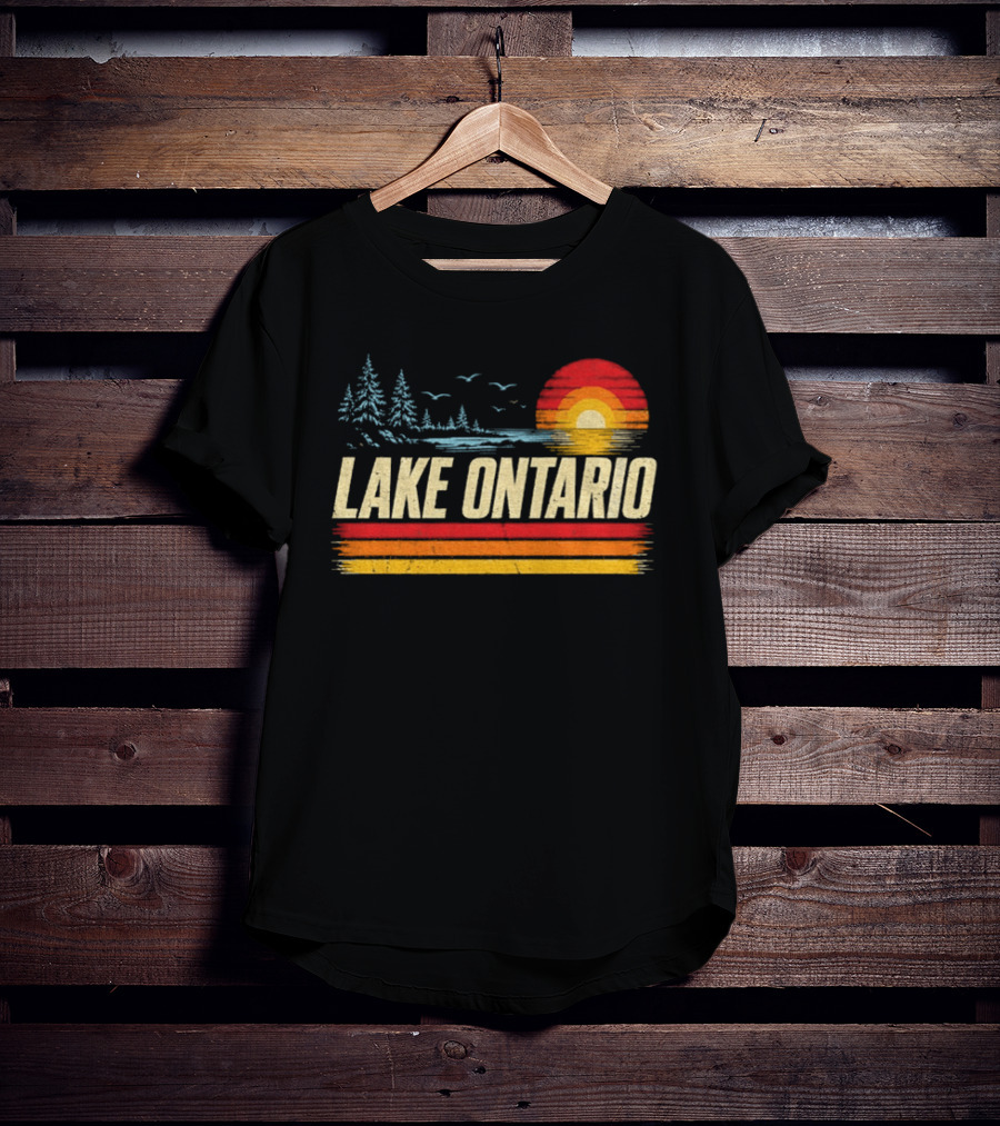 Lake Ontario Sunset Vintage Style With Pines And Birds T-Shirt