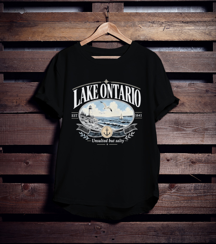 Lake Ontario Unsalted But Salty EST 1641 Seagull Lighthouse Sailboat Scene T-Shirt