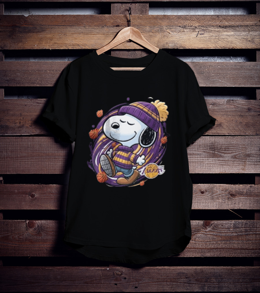 Los Angeles Lakers NBA Snoopy Cartoon Beanie Swirl Flaming Basketballs T-Shirt