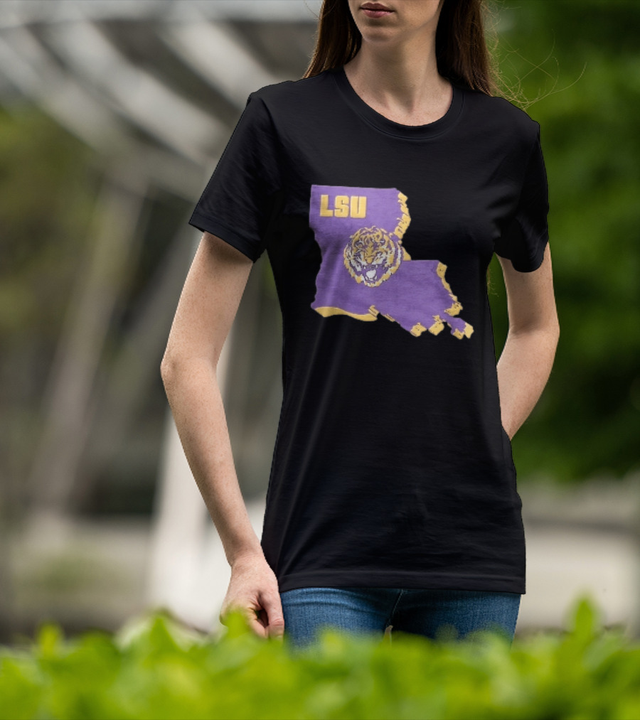 LSU Tigers NCAA Roaring Head Louisiana Map T-Shirt