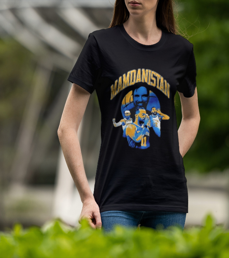 Mamdanistan Jalen Brunson Karl Anthony Towns Zohran Mamdani Halftone Basketball Collage T-Shirt