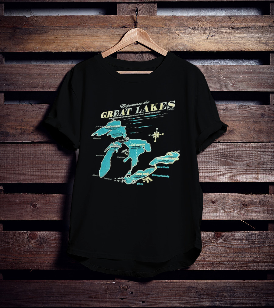 Experience The Great Lakes Map United States Geography Featuring Lake Michigan Superior Huron Erie Ontario T-Shirt