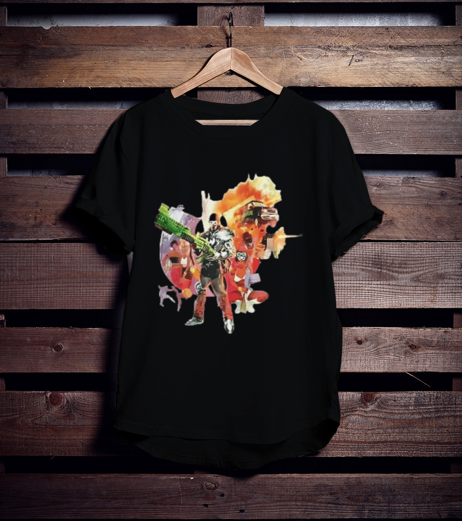 Masked Skeleton Soldier Green Rifle Fire Explosion Flying Truck Collage T-Shirt