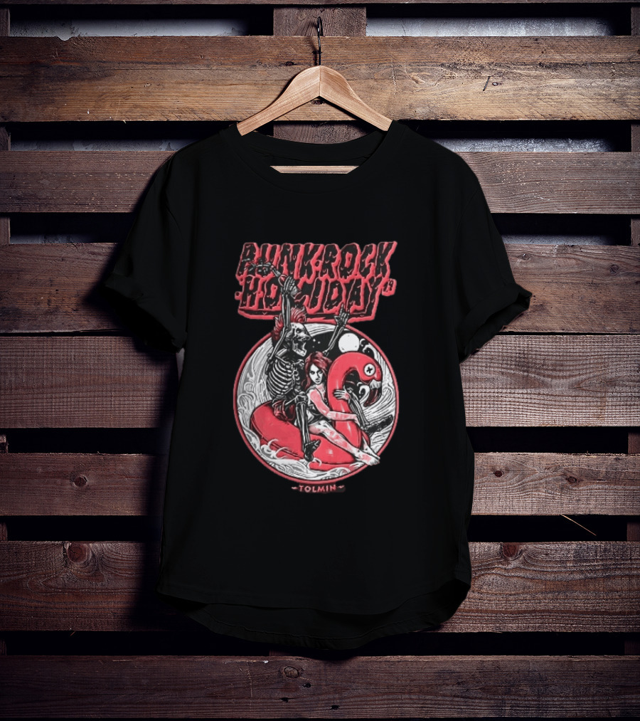 Punk Rock Holiday 19 Tolmin Mohawk Skeleton Riding Pink Flamingo Ocean Waves T-Shirt