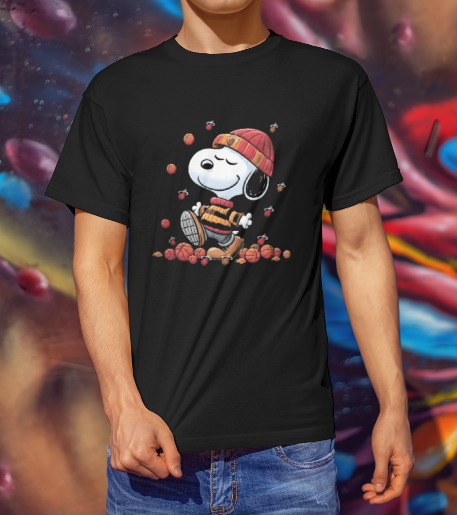 Miami Heat NBA Snoopy Walking Beanie Striped Flaming Basketballs Black T-Shirt