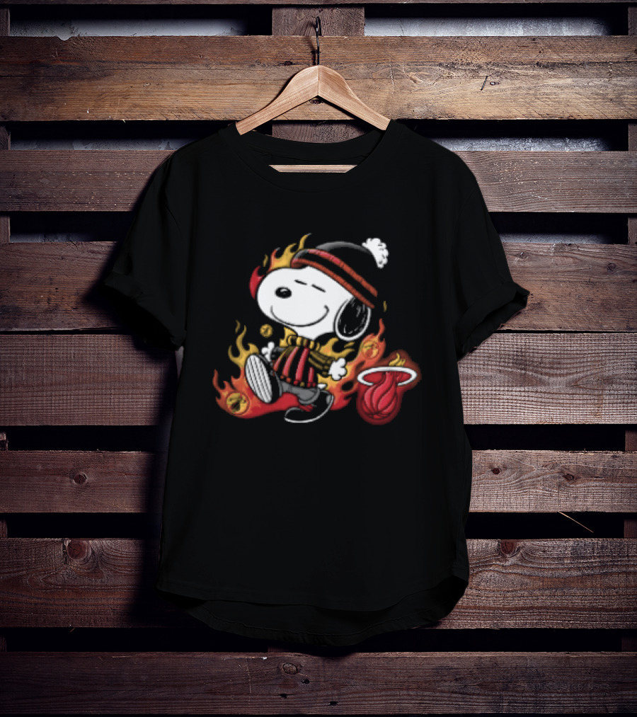Miami Heat NBA Snoopy Walking Beanie Striped Flames Cartoon T-Shirt