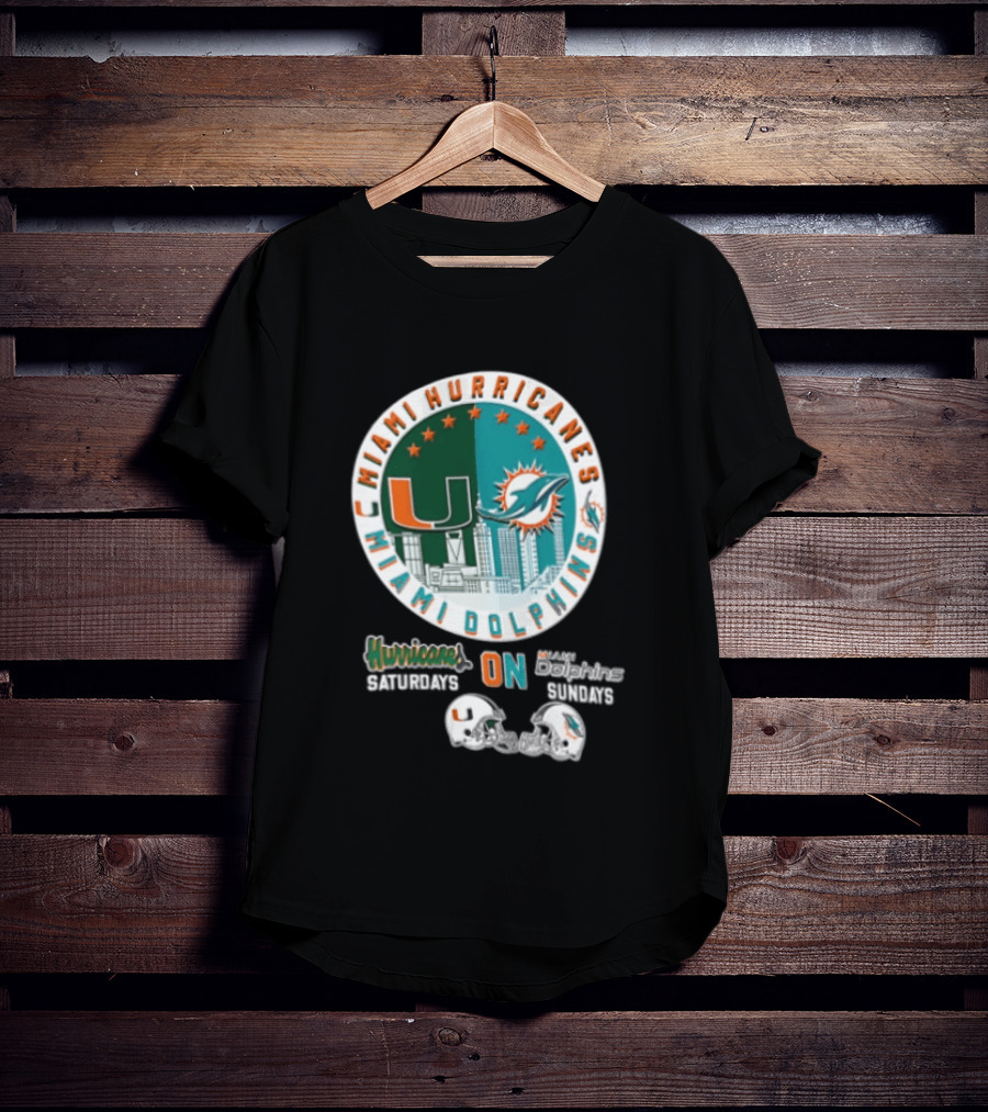 Miami Hurricanes Dolphins City Skyline Saturdays Sundays Two Helmets T-Shirt