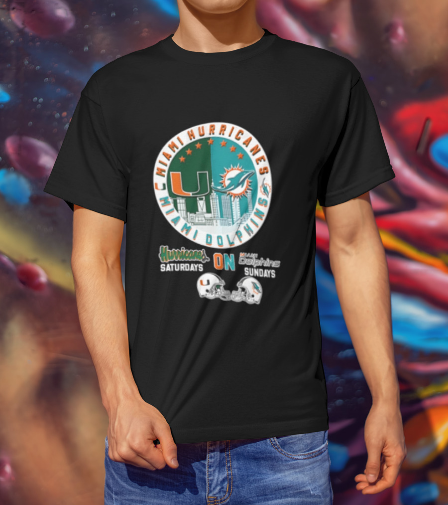 Miami Hurricanes Dolphins City Skyline Saturdays Sundays Two Helmets T-Shirt